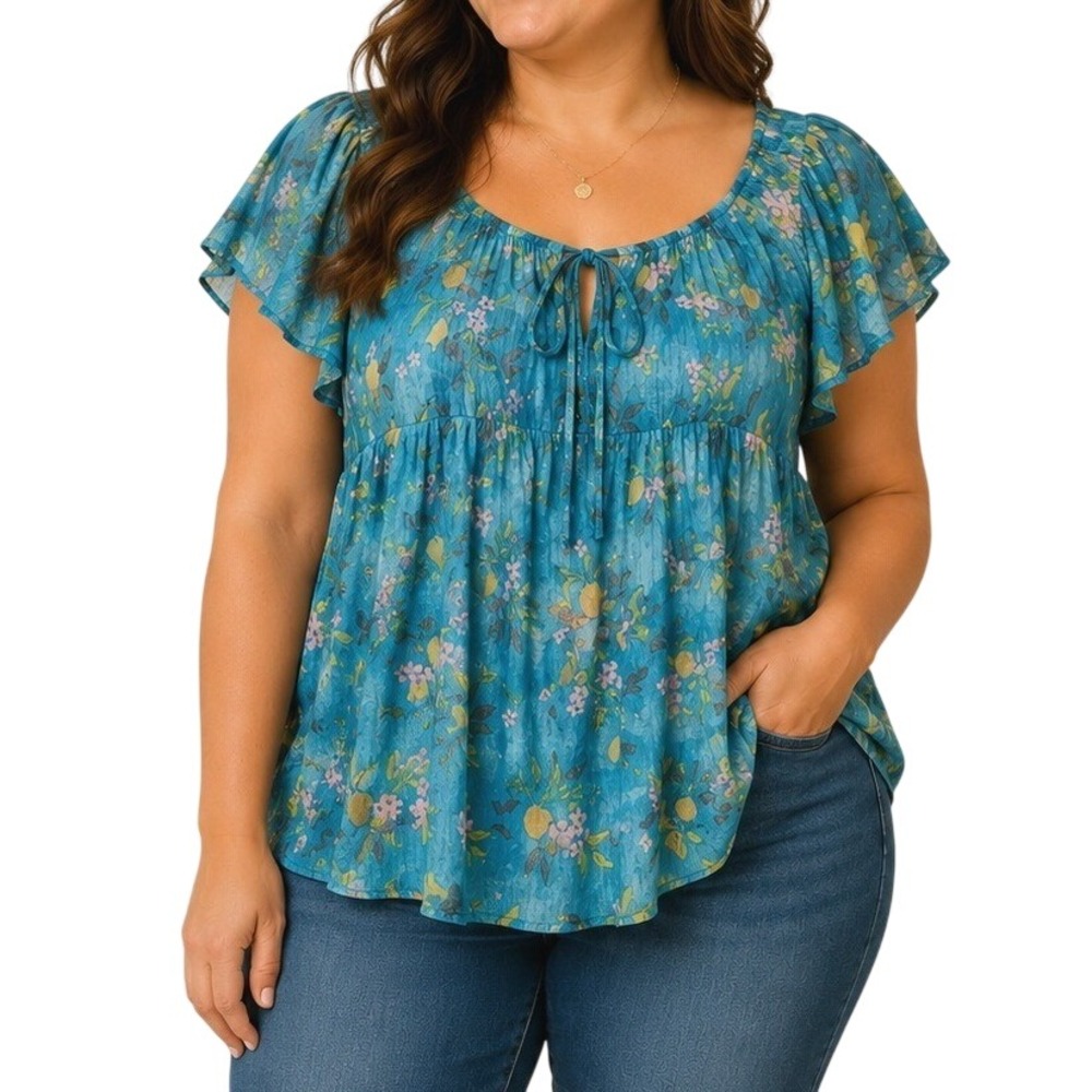 Perch by Blu Pepper Blue Lemon Floral Babydoll Blouse Off Shoulder Top 3XL - Picture 1 of 7